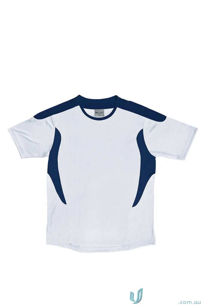 Youth Soccer Jersey white tee shirt with navy blue shoulder panels and side accents