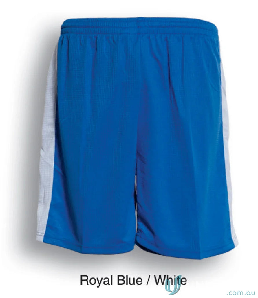 Royal blue youth soccer panel shorts with white side panels for active play