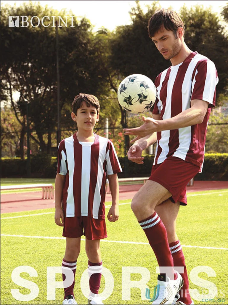 Youth striped football jersey in maroon and white for men and boys soccer games