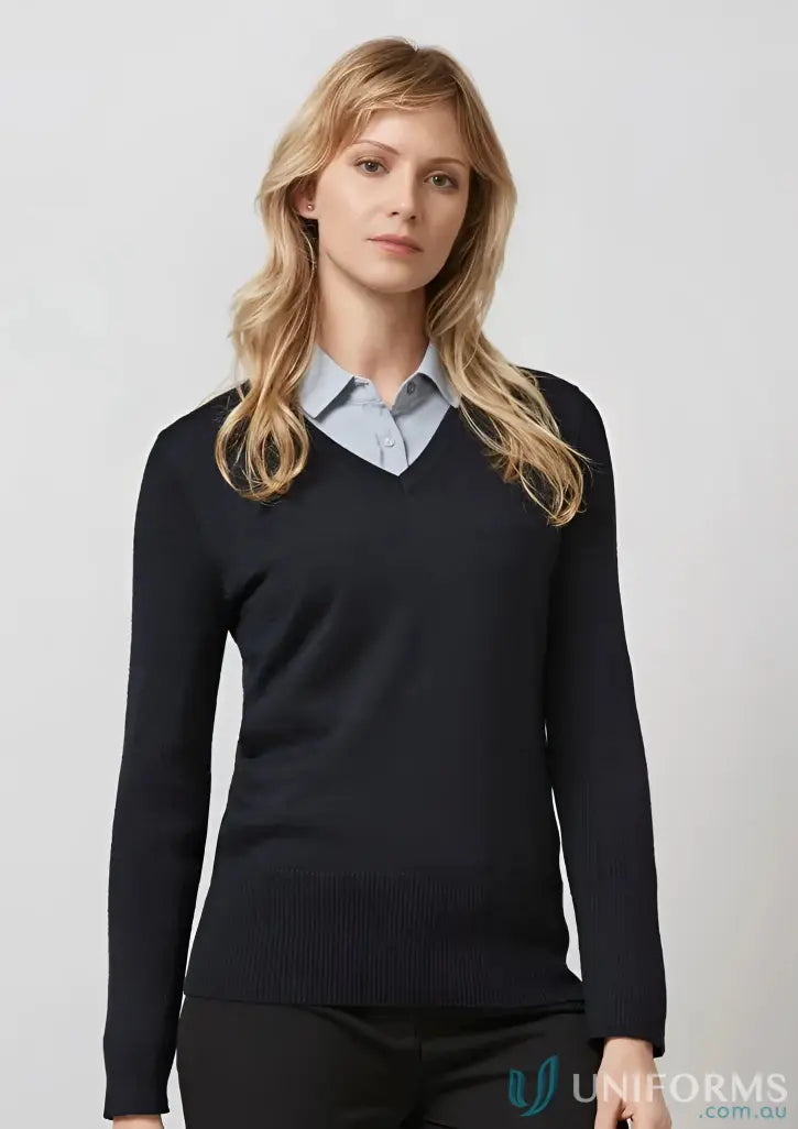 Woman wearing navy V-neck Milano Knit Jumper from YR Ladies Collection Ladies Milano