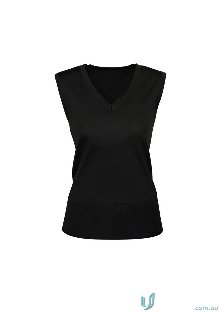 Black V-neck sleeveless top from YR Ladies EMB Knit Vest, perfect for Milano women’s vest style LV619L offers timeless look