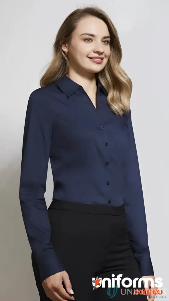 Woman’s navy monaco long sleeve shirt from YR Ladies EMb LS Shirt in women’s biz collection