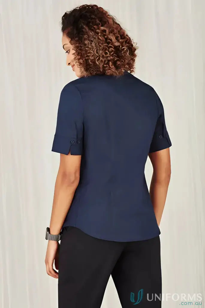 Navy short-sleeved blouse from YR Ladies EMb SS Shirt, perfect for women’s Monaco style