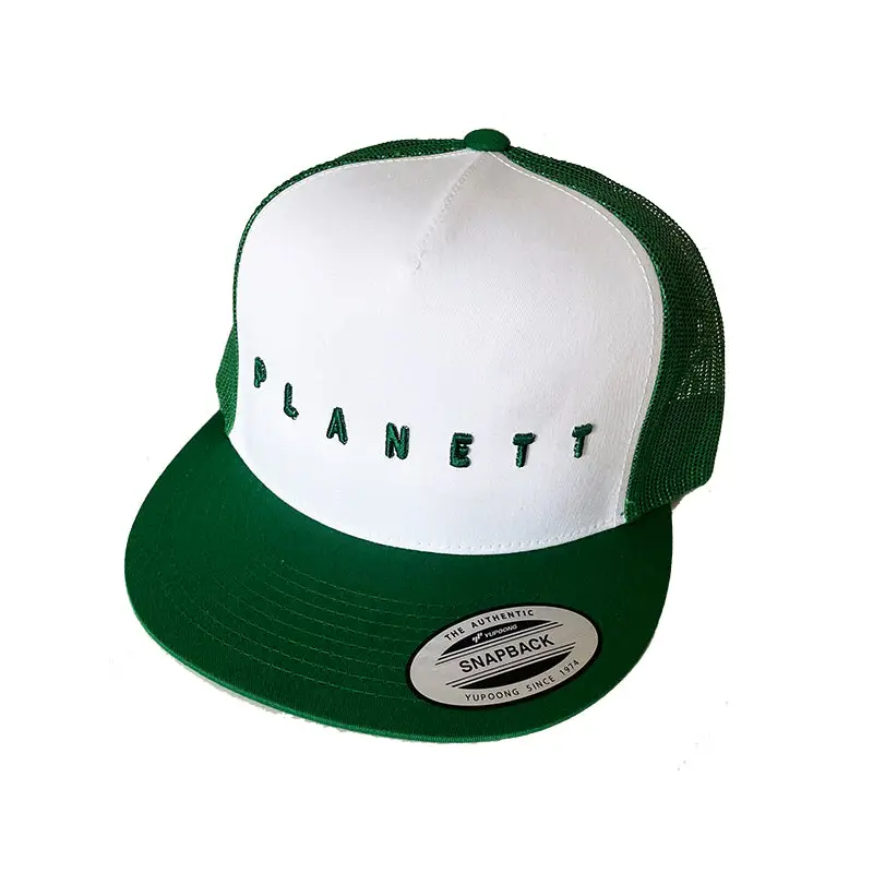 Green and white zari trucker cap with planett embroidery perfect for casual workwear and uniforms