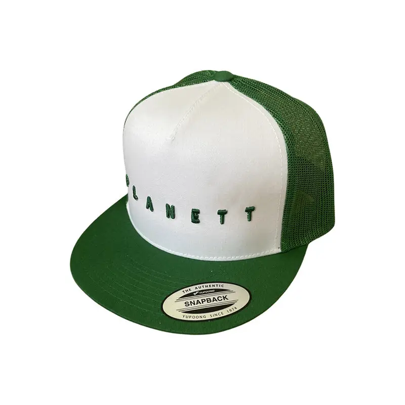 Green and white snapback trucker cap with planett embroidery perfect for uniforms and workwear use