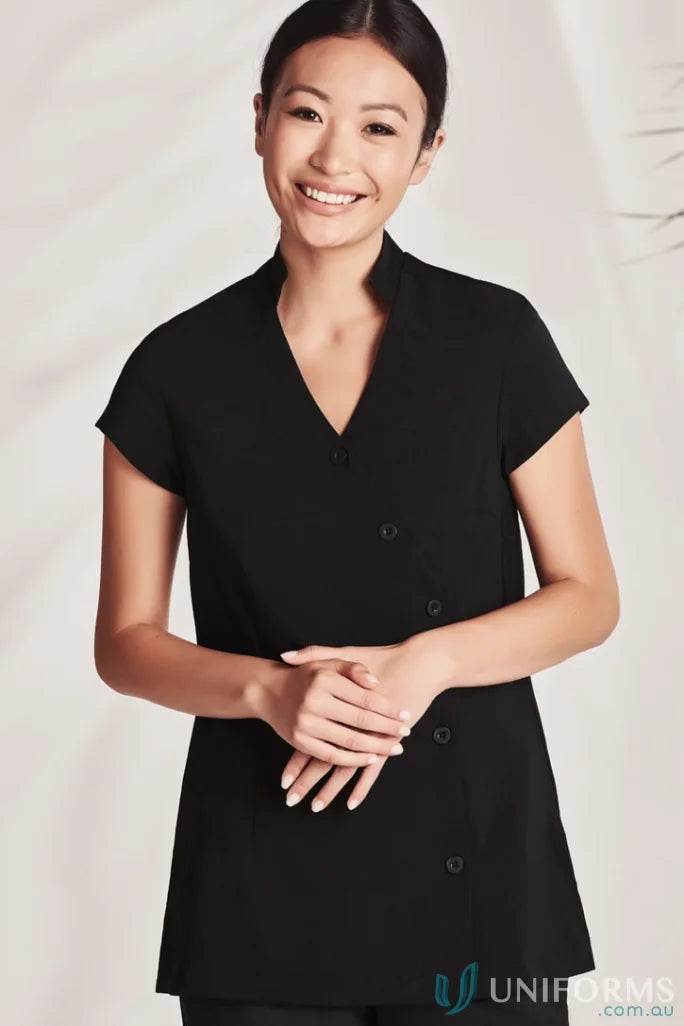 Womens Zen Mandarin Collar Tunic with stain release and asymmetrical button closure