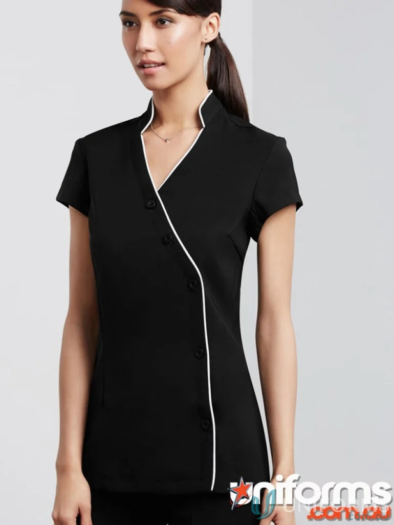 Womens zen black tunic with white trim and mandarin collar, stain release fabric