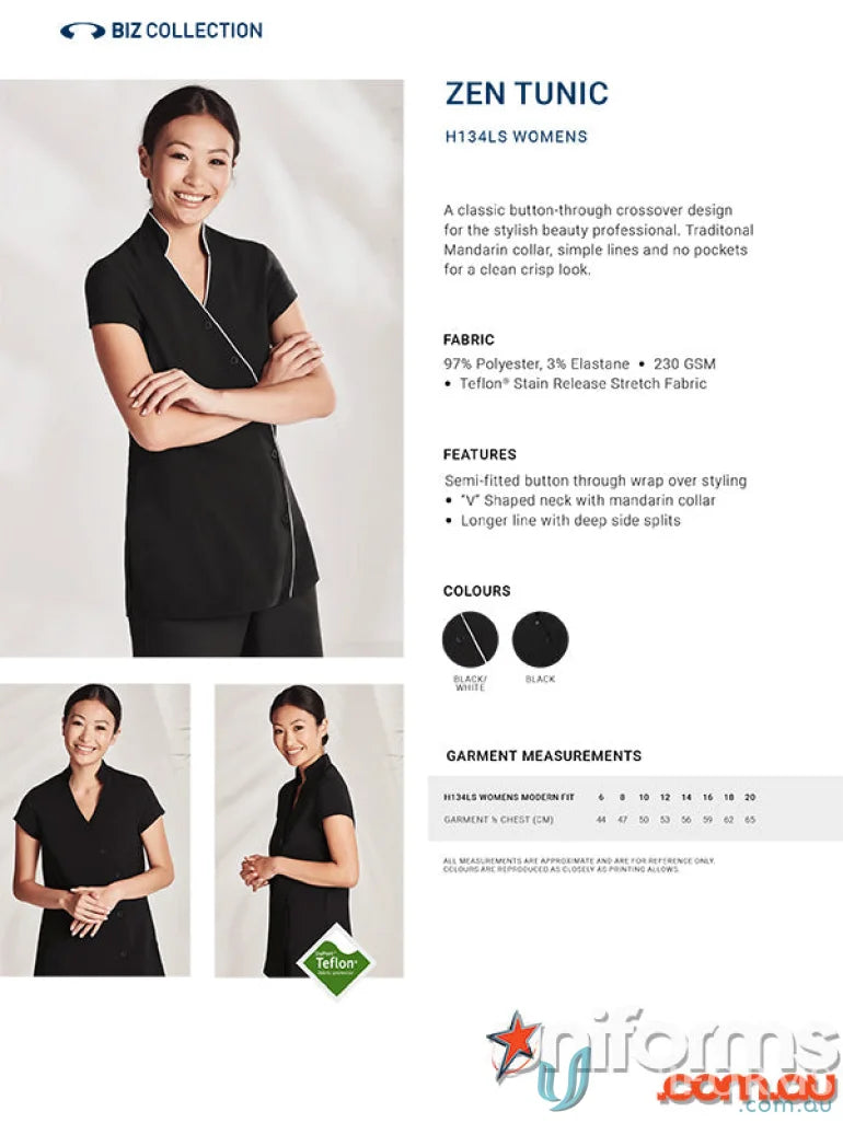 Women’s black Zen Crossover Tunic with mandarin collar and stain release fabric