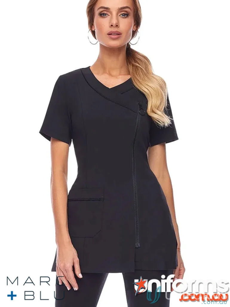 Black zippered tunic with front pocket, flattering fit, marc blu B778 construction ensures style