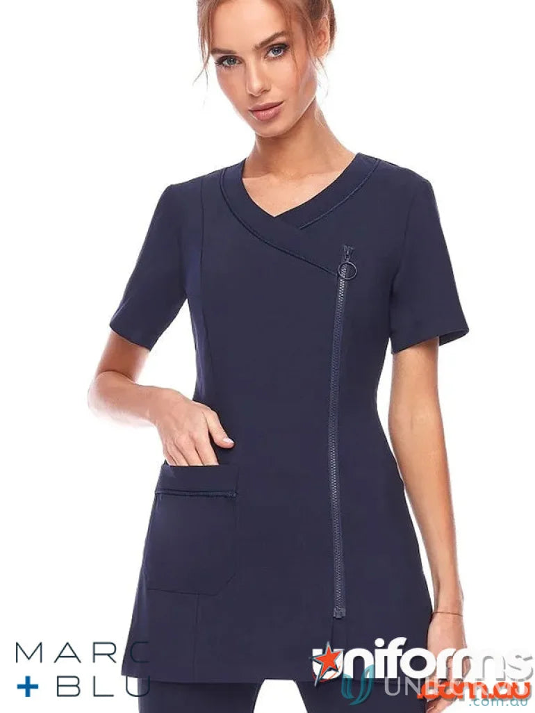 Navy blue Marc Blu B778 Zip Front Tunic with front pocket and flattering fit