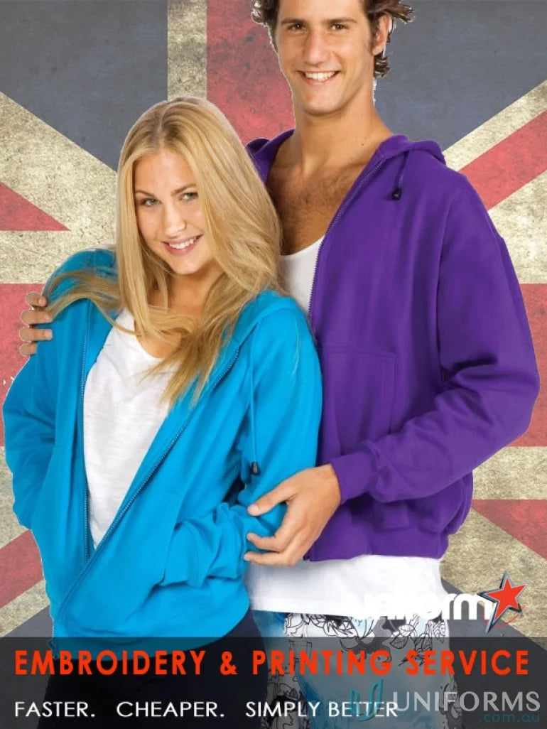 Couple in stylish zip hoodie workwear, perfect for uniforms and casual wear