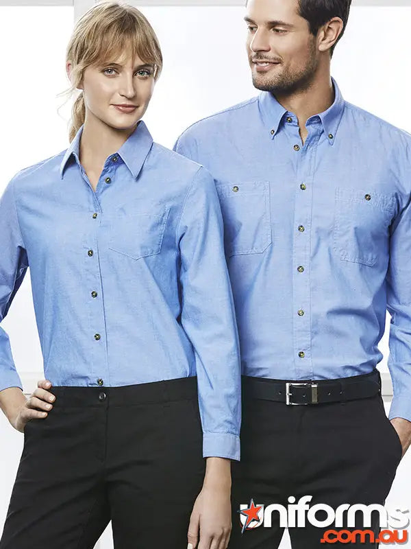 Matching light blue long-sleeved shirts from City Collection and Biz Collection for business uniforms