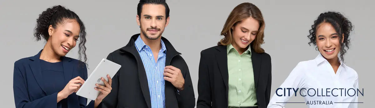 Group of models in city collection corporate clothing for modern workplaces