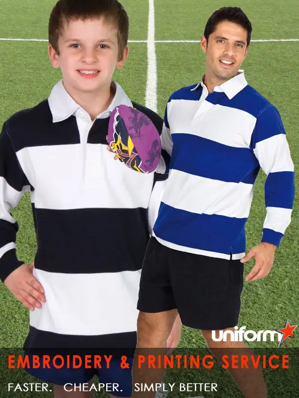 Two male models in striped rugby shirts and shorts showcasing Ramo mens and polos Ramo