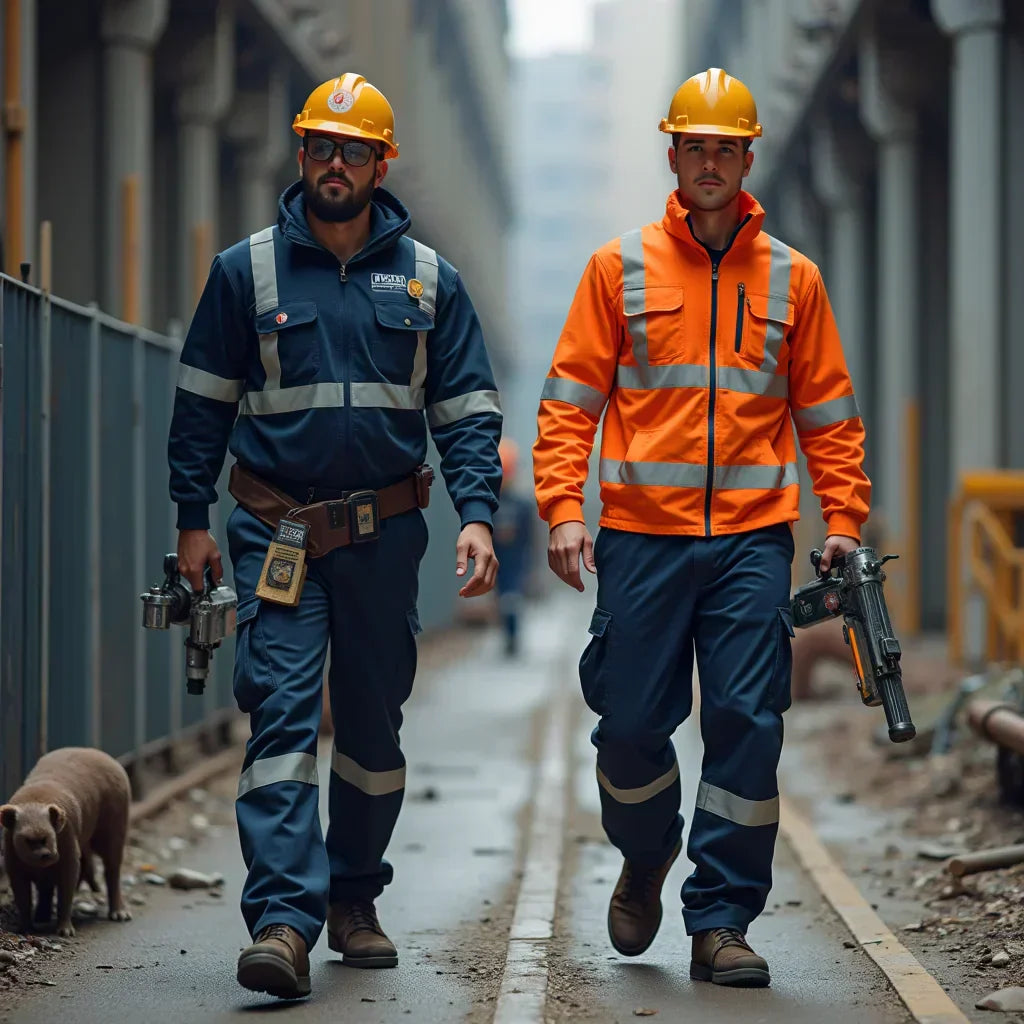 Construction workers in hi-vis jackets with reflective tape