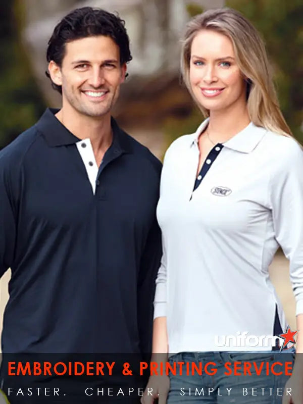 Two people in custom embroidered polo shirts from Stencil product range showcasing promotional clothing