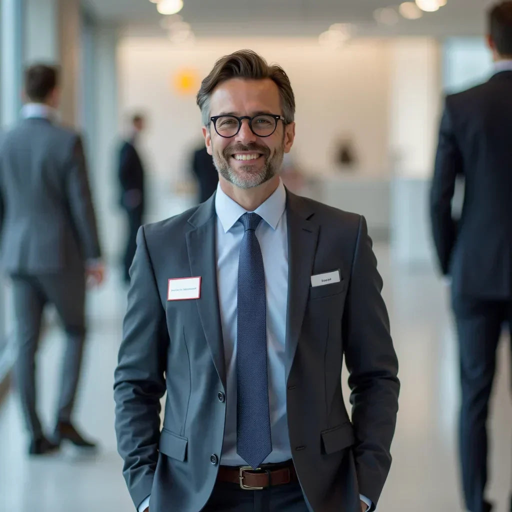 Man in dark gray suit jacket, light blue shirt, navy tie, and glasses for custom embroidered company uniforms