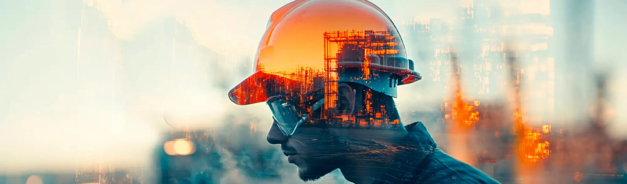 Construction worker with industrial scene superimposed showcasing eyewear PPE and premium protection