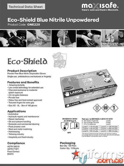 Eco-Shield Blue Nitrile Gloves for food handling, uniforms, and workwear safety