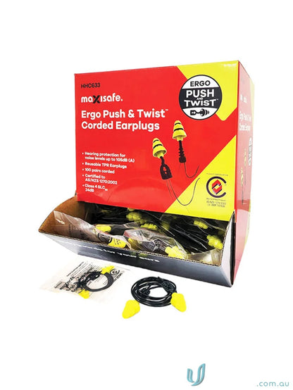 Box of yellow and black corded earplugs for workwear and uniforms safety
