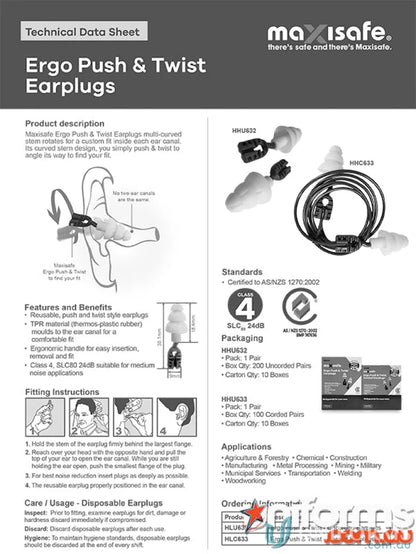 Ergo Push Twist Earplugs info sheet for workwear and uniforms, Class 4 safety gear