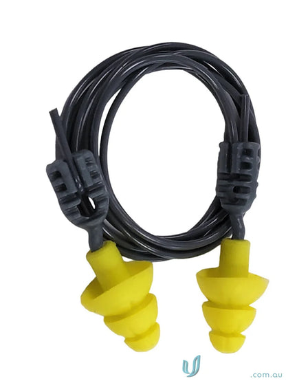Yellow earplugs with black cord for workwear and uniforms, Ergonomic Push & Twist design