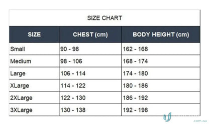 Clothing size chart for 10pk Chemmaster Green PVC Coveralls, perfect for wide range uniforms