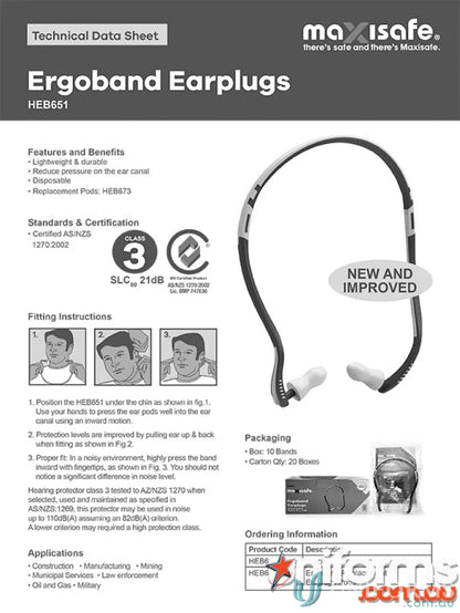 Ergoband Earplugs product sheet showing for work uniforms and workwear safety gear