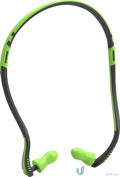 Green and black neckband headphones perfect for workwear and uniforms styling