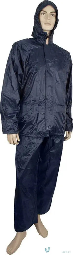 Navy blue rain suit ideal for work uniforms and durable workwear in tough weather
