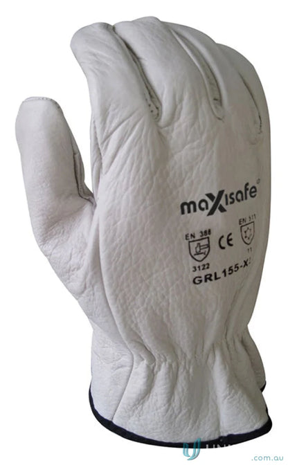 White leather work glove from Maxisafe Polar Bear Fur Lined Rigger Glove, perfect for workwear