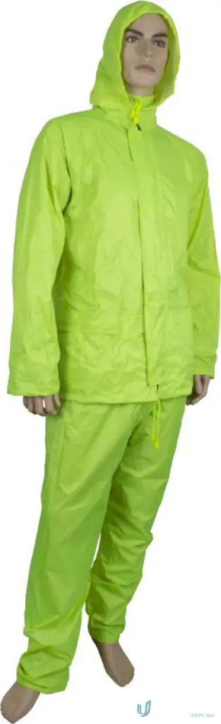 Bright yellow rain suit from 10pk Maxisafe workwear, perfect for uniforms and rain protection