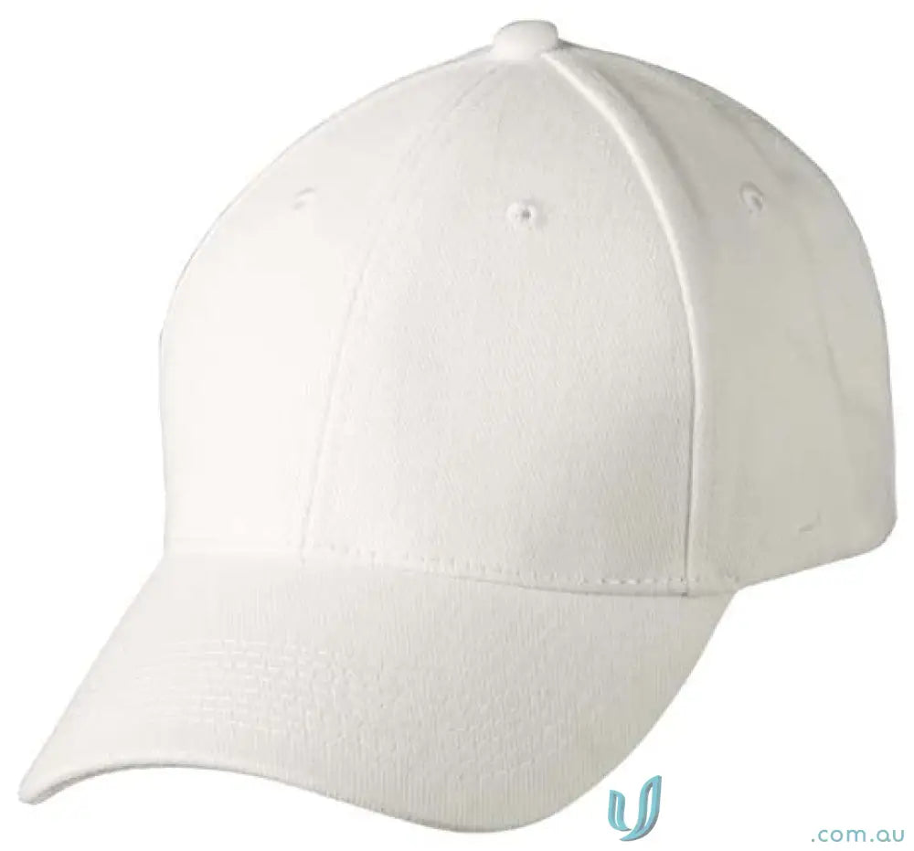 Plain white 6-panel structured baseball cap made of heavy brushed cotton from 10x Bundle Cap