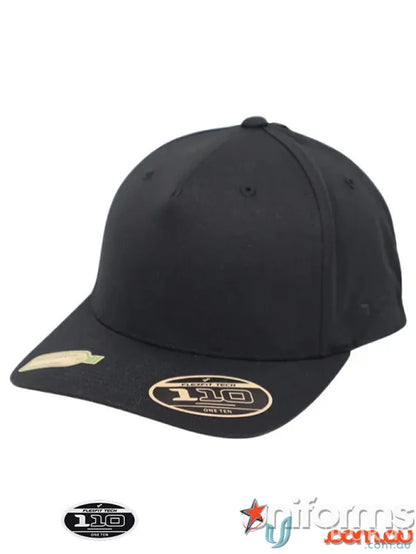 Black fitted baseball cap from the 110AR Recycled Cap collection, eco-friendly recycled cap