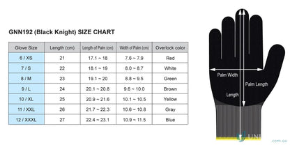 Black Knight Gripmaster glove size chart with measurements for excellent grip and uniforms