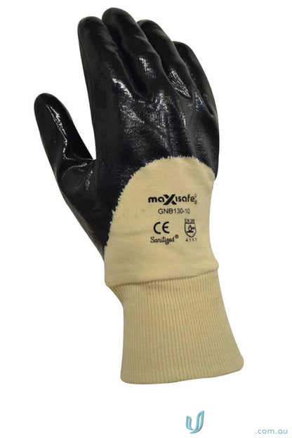 Black and tan work glove with knit wrist from Blue Knight Nitrile 3/4 Dipped Workwear