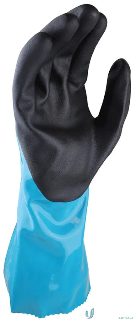 Blue and black protective glove from 12pk Chembarrier Glove for medical and work uniforms
