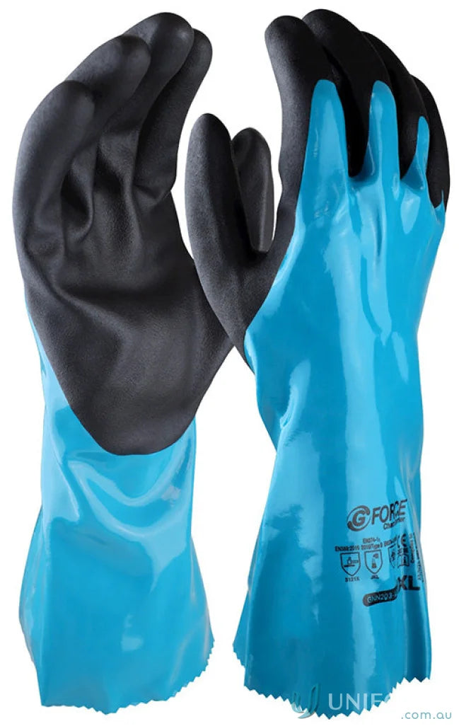 Blue and black waterproof gloves from 12pk Chembarrier Glove for work and medical uniforms