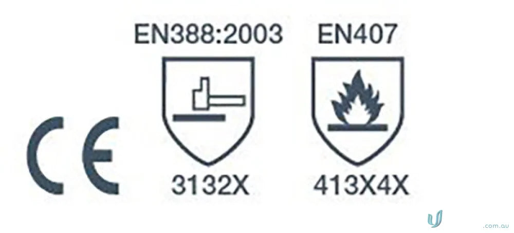 Safety certification symbols on the Fireforce Extended Cuff Rigger Glove with Kevlar stitching