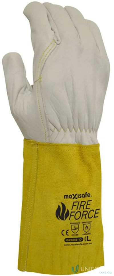 Yellow and white leather extended cuff rigger glove for safety and durability