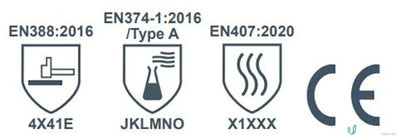 Safety glove certifications on G-Force Chemsafe Cut E workwear glove for cut protection