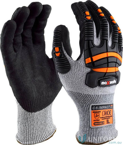 Black and gray impact protection gloves with orange accents for work and uniforms