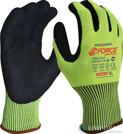 Pair of black and neon green cut resistant work gloves for high-level protection