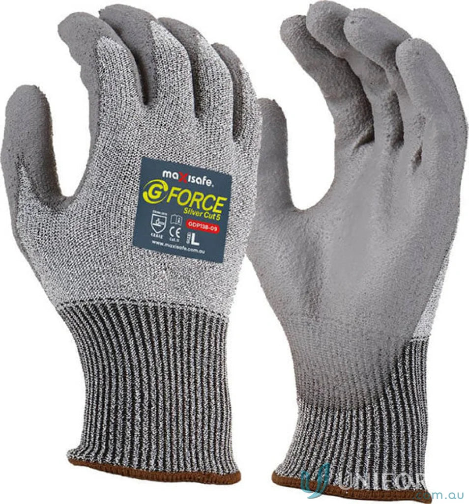 Gray cut-resistant work gloves from 12pk G-Force Silver Cut 5 for excellent uniforms