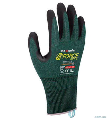 Green and black nitrile glove from 12pk G-Force Ultra Cut C Resistant Glove for work uniforms