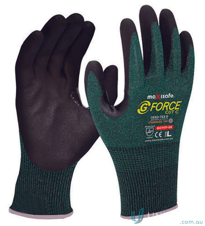 Pair of green and black nitrile gloves from 12pk G-Force Ultra Cut C Resist uniforms