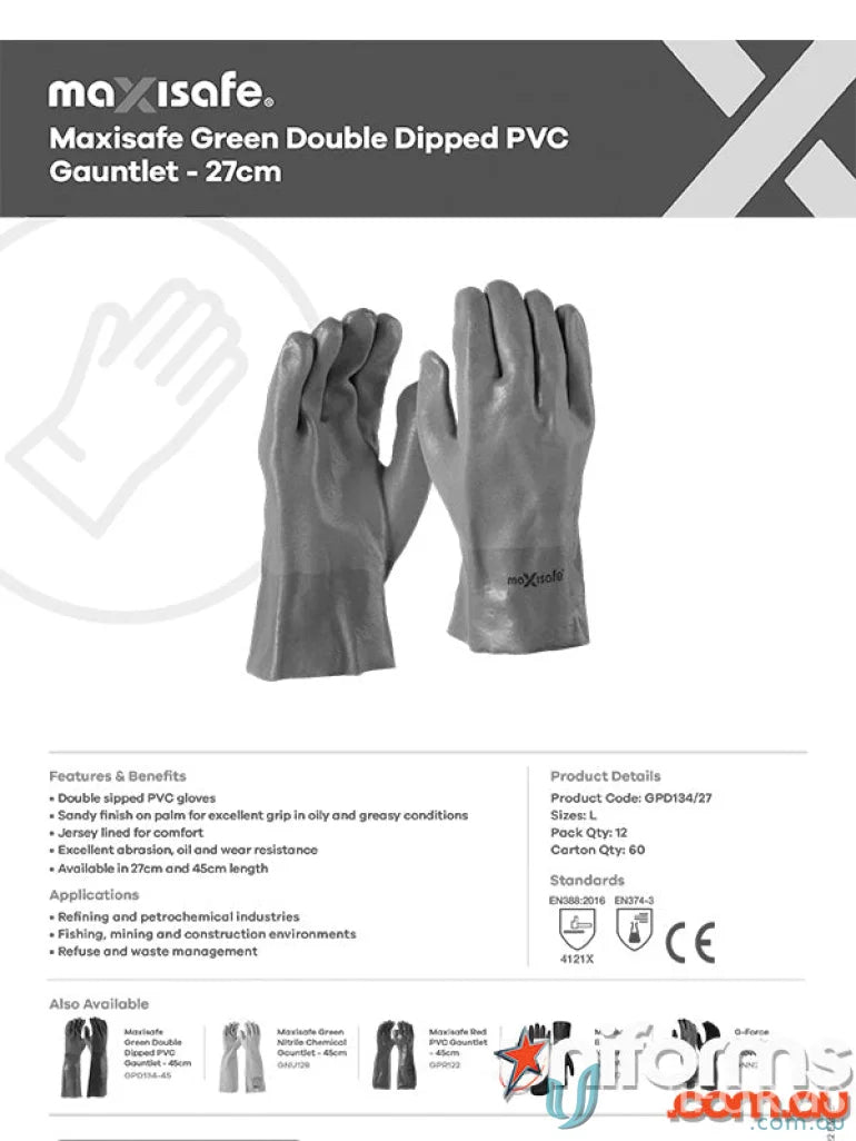 Green double dipped PVC gauntlet gloves for tough work protection durable dipped PVC glove
