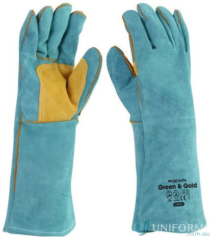Pair of blue and gold leather work gloves from 12pk Green & Gold Welders Gauntlet