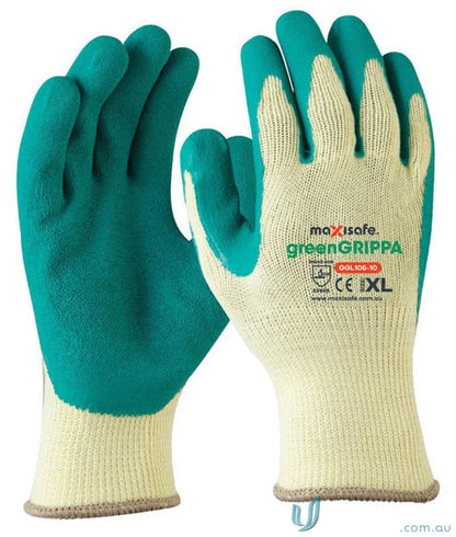 Green grippa knitted work gloves in beige and green for better grip and comfort
