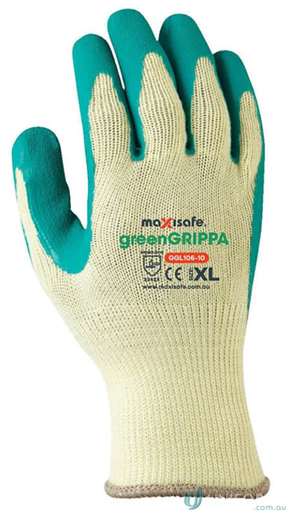 Green grippa knitted work glove in green and white for a comfy grip pose